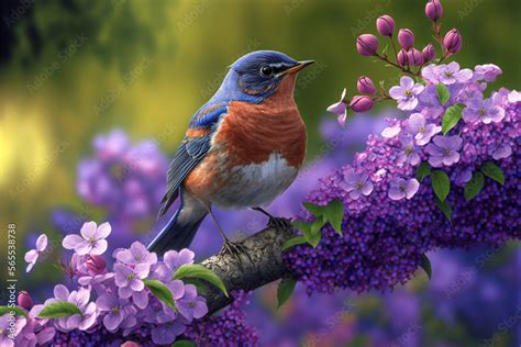 Robin Bird In Spring Season On A Tree Branch Covered With Purple