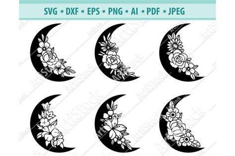 Moon Flowers svg file, Moon Floral svg, Dreams Dxf, Png, Eps