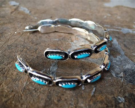 Silver Turquoise Hoop Earrings For Women Zuni Needlepoint Native