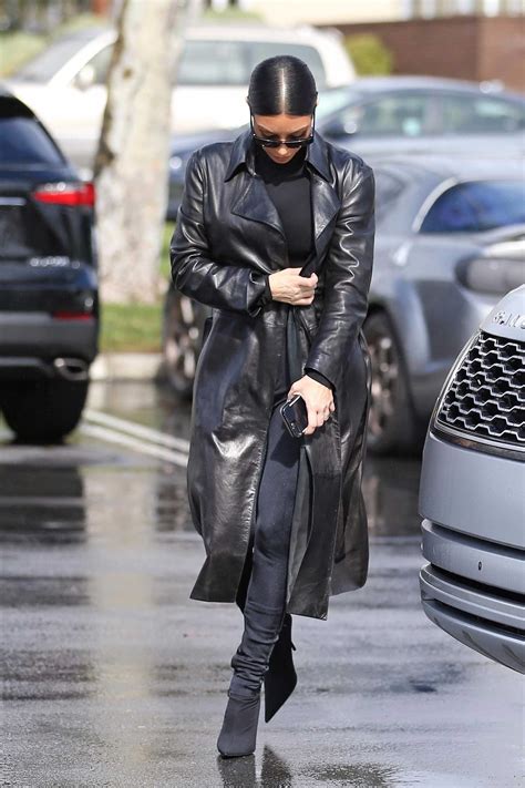 Kim Kardashian In A Black Leather Trench Coat Was Spotted Out In Los