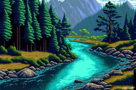 Mountain River Landscape Pixel Art Graphic By Alone Art · Creative Fabrica