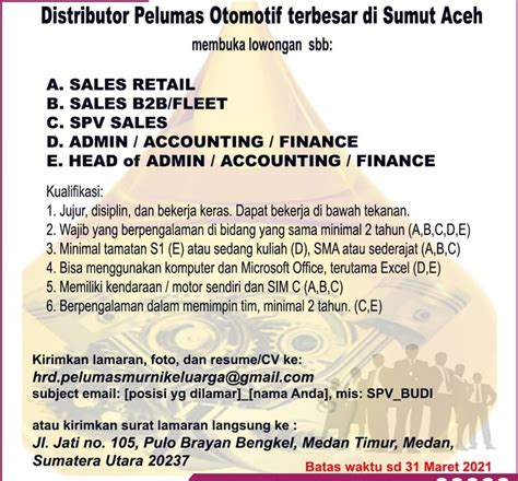 Informasi yang anda cari adalah lowongan kerja ponorogo 2021. Lowongan Kerja SMA/D3/S1 di CV Pelumas Murni Keluarga ...