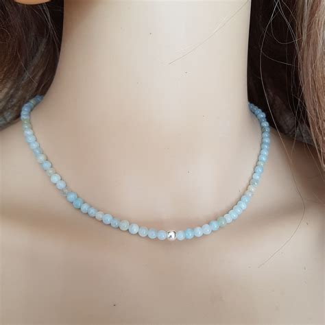 Tiny Aquamarine Choker Necklace Sterling Silver Goldfill 4mm Natural
