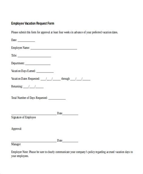 Free Vacation Request Form Template Printable Templates