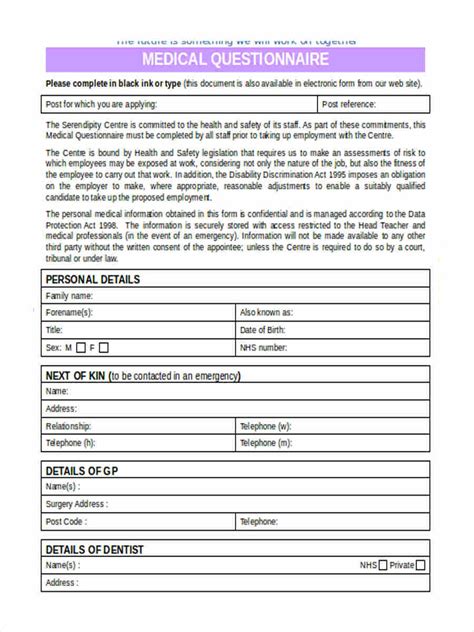 Free Medical Questionnaire Forms In Pdf Ms Word