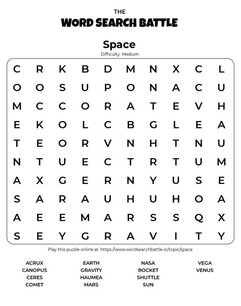 Printable Space Word Search