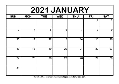 Download your free 2021 printable calendar. January 2021 Printable Calendar Template - PDF, Word, Excel