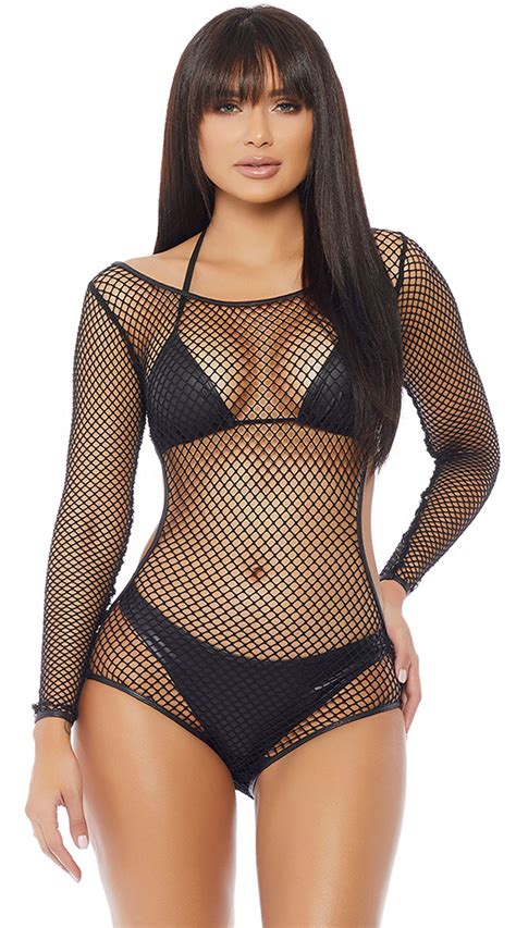 Behave Long Sleeve Fishnet Bodysuit Pink Dressing