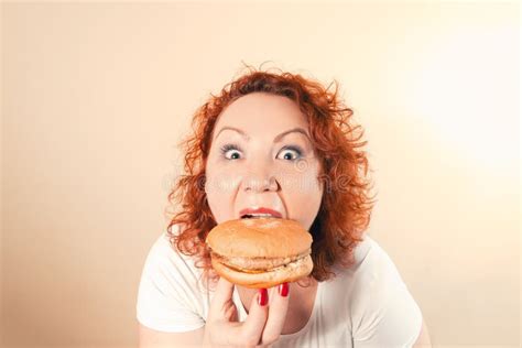 Big Woman Eat Fast Food Red Hair Fat Girl With Burger Potato A Stock Photo Image Of Food