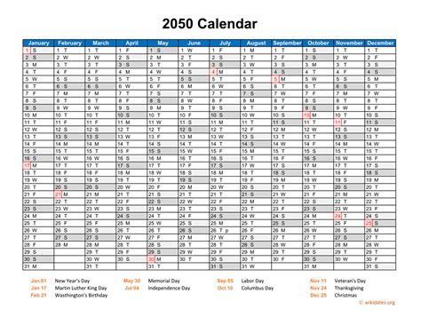2050 Calendar Horizontal One Page