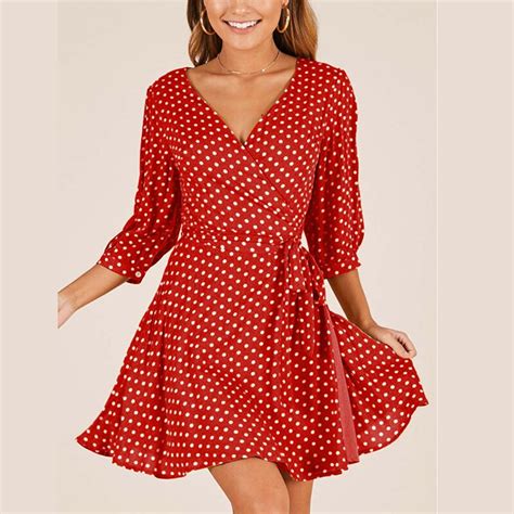 2018 new summer dress sexy v neck 3 4 sleeve polka dot casual mini dresses with sashes elegant