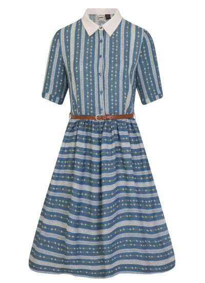 Blue Floral Stripe Belted Shirt Dress Vintage Inspired Dresses Vintage Style Dresses Tea Dress