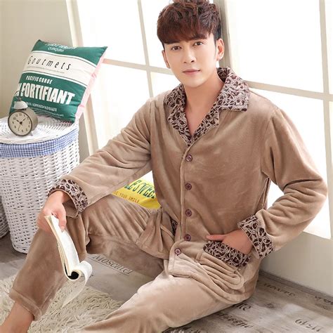 Winter Thick Coral Fleece Men Pajamas Sets Of Sleep Tops And Bottoms Male