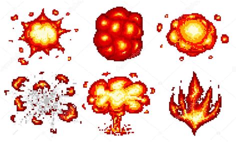 Pixel Art Explosions Game Icons Set Comic Boom Flame Effects For