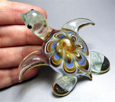 Blue Sea Turtle Handmade Blown Art Glass Figurine Miniature T Cute