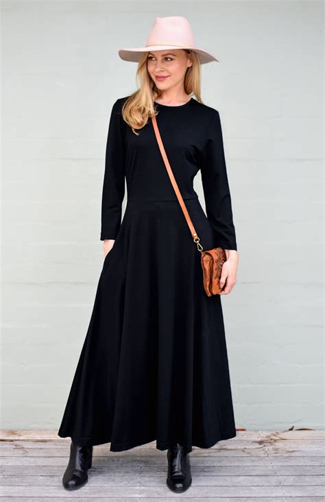 Florence Dress Womens Black Long Sleeved Merino Wool Dress With High