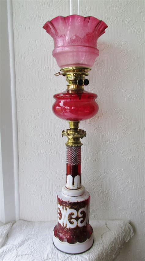 Antique English Victorian Cranberry Glass Banqueting Oil Lamp 429706