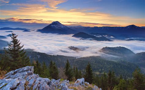 Nature Landscape Sunrise Forest Mountain Clouds Snowy Peak Mist Valley