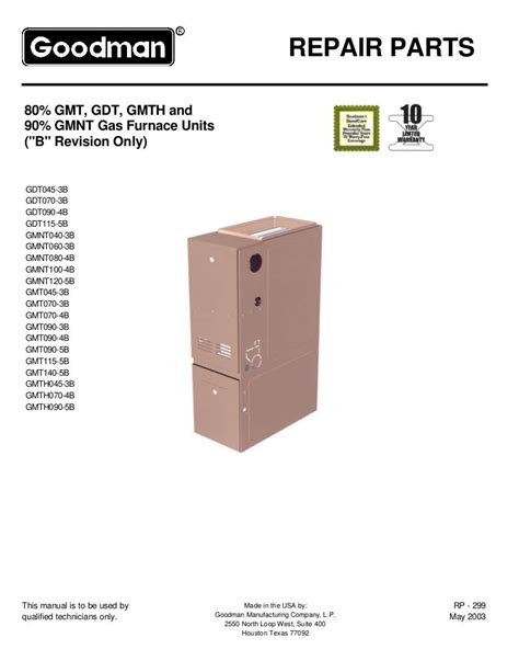 Goodman Gas Furnace Parts Manual For Models Gdt045 3b Gdt070 3b