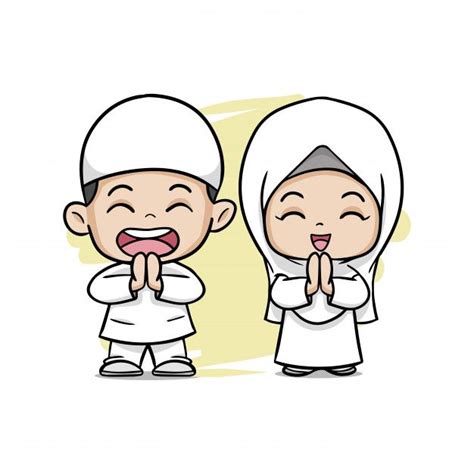 Premium Vector Cute Couple Moslem Kids Greeting Salaam Ilustrasi