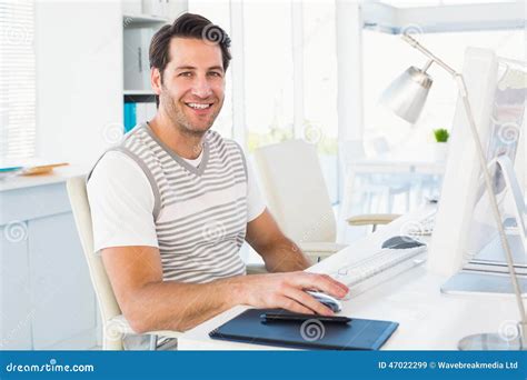 Smiling Casual Young Man Using Computer Stock Image Image Of Person