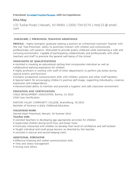 Are you trying to write a cv with no work experience? Preschool Assistant Teacher Resume With No Experience ...
