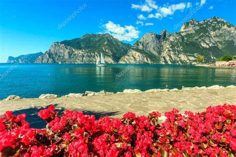 Red Flowersmountains And Lake Gardanorthern Italyeurope — Stock