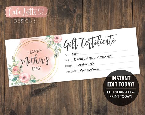 Mothers Day T Certificate Printable Editable Template Personalized