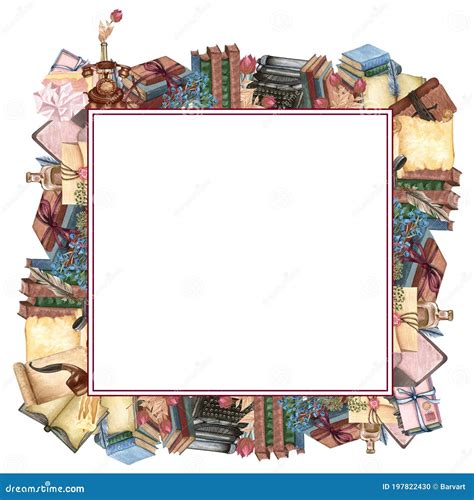 Watercolor Book Frame Education Art Library Bookshelves Hand Drawn