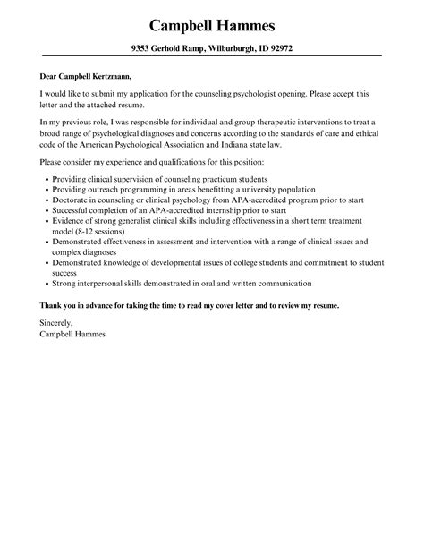 Counseling Psychologist Cover Letter Velvet Jobs