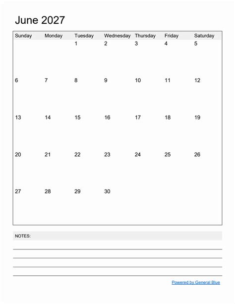 Free Printable Monthly Calendar For June 2027