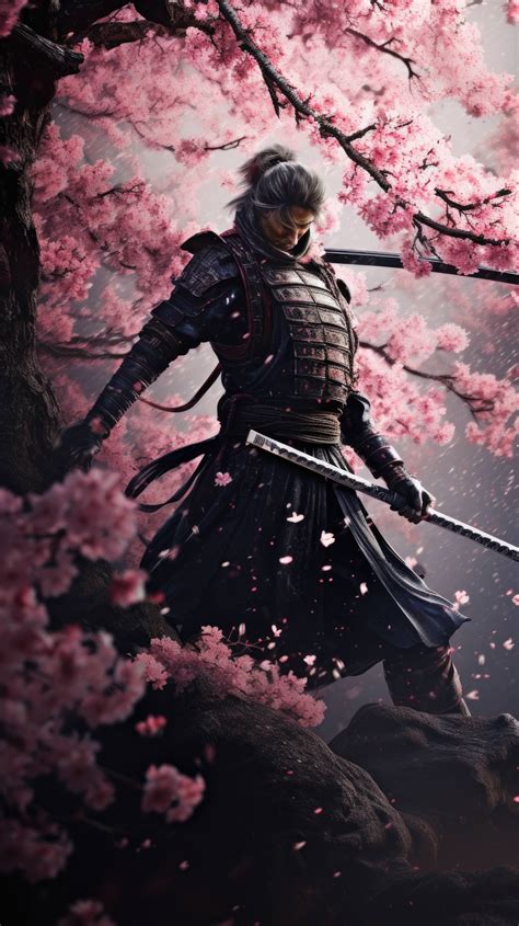With Katana Drawn A Lone Samurai Is Surrounded By Gently Falling Cherry Blossoms