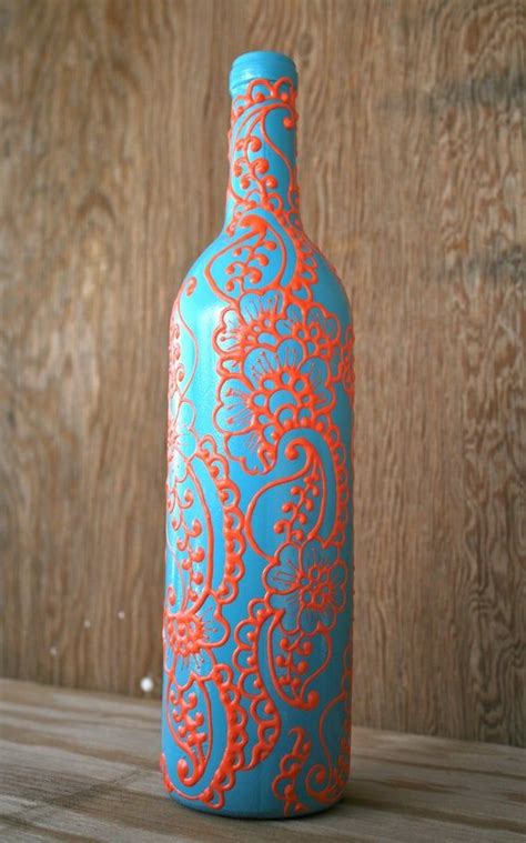 Hand Painted Wine Bottle Vase Up Cycled Turquoise And Coral Etsy