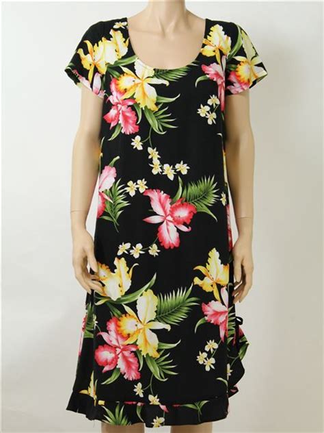 Tp 748r Aloha Orchid Black Mid Length Dress Middle Dresses Hawaiian Dresses
