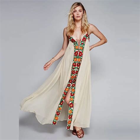 Free Shipping Women S Embroidery Bohe Long Dress Backless Off