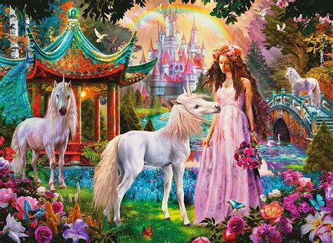Free Download Princess And Unicorns Flowers Art Castle Horses