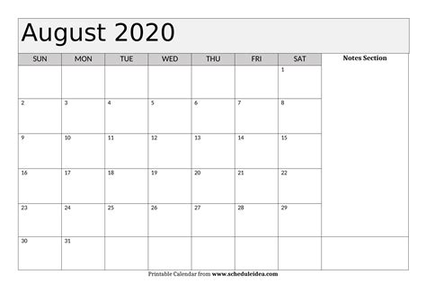 2020 Monthly Calendar Printable Free Pdf August