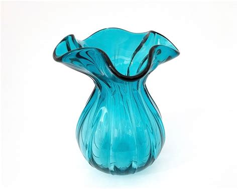 Blue Art Glass Vase Blue Flower Vase Teal Glass Vase Hand Blown Art Glass Vase Etsy