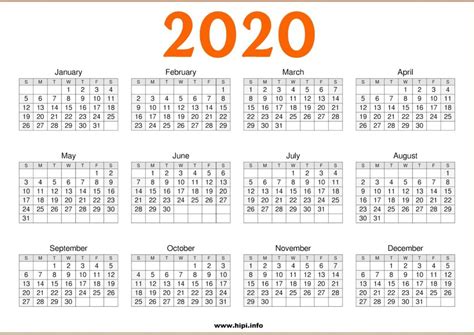 2020 Calendar Printable Free One Page Free Download