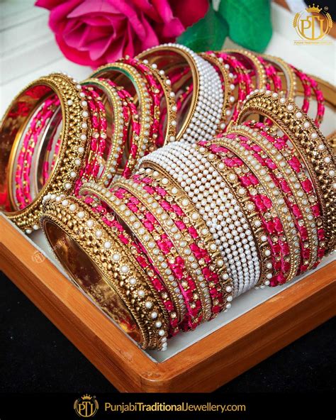 Magenta Antique Pearl Bangles Set Both Hand Pair Punjabi Tradition Punjabi Traditional