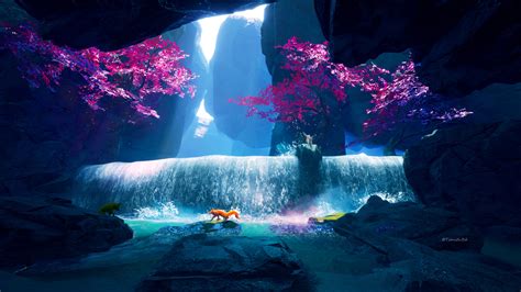 Waterfall Fox Water Trees Splashes Cave Fantasy Art Wallpaper