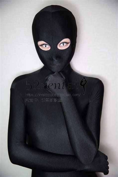 black spandex lady zentai suit fullbody tight fabric female catsuit open eyes cosplayware