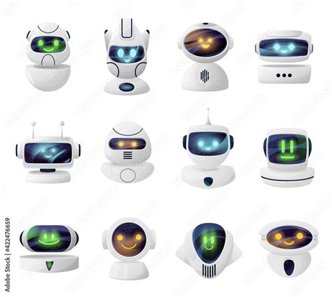 Robots Androids Heads With Cute Faces On Screen Smiling Androids