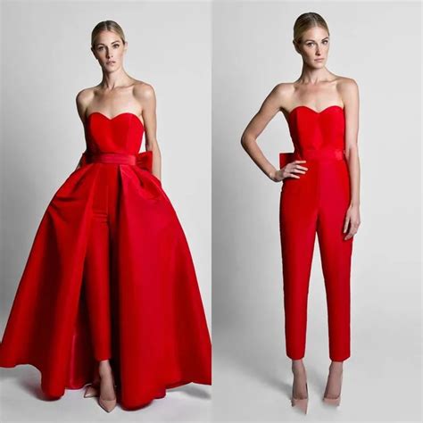 2019 Simple Elegant Red Jumpsuit Evening Dresses With Removable