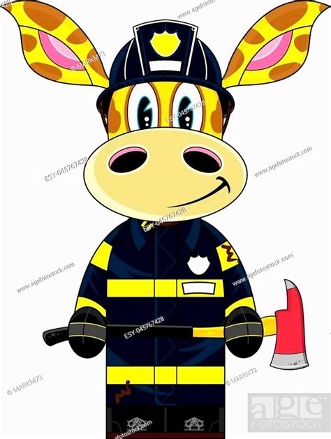 Cute Cartoon Giraffe Fireman Firefighter Vector Illustration Stock Vector Vector And Low