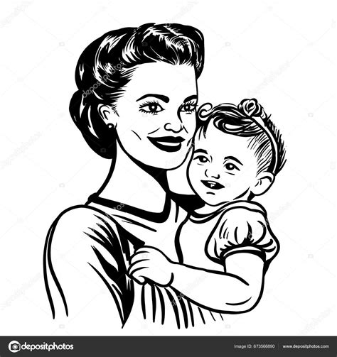 Mother Holding Baby Her Arms Sketch Retro Vector Illustration Mothers