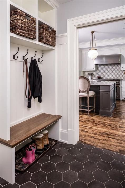 White style ideas for your home, including bedrooms, living rooms and kitchens | ideal home. Mudroom with Black Hexagon Tile Floor - Transitional ...