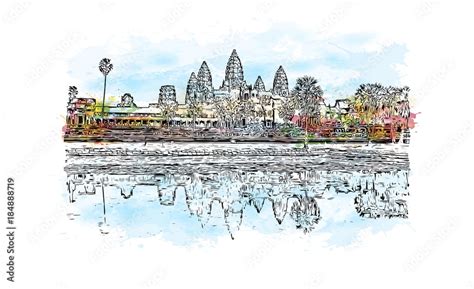 Angkor Wat Temple Cambodia Watercolor Splash With Hand Drawn Sketch