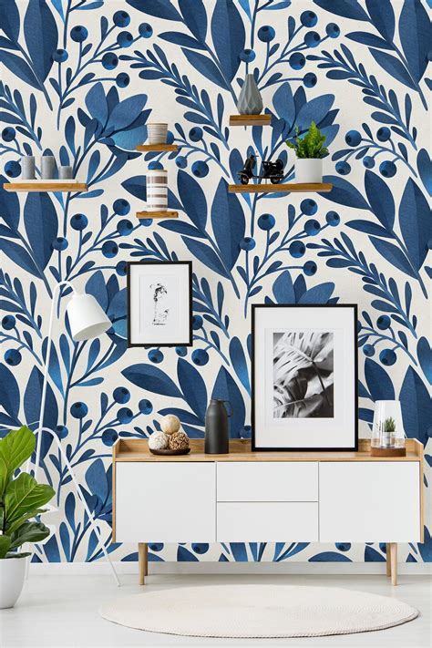Removable Wallpaper Peel And Stick Wallpaper Self Adhesive Wallpaper Blue Floral Pattern Etsy