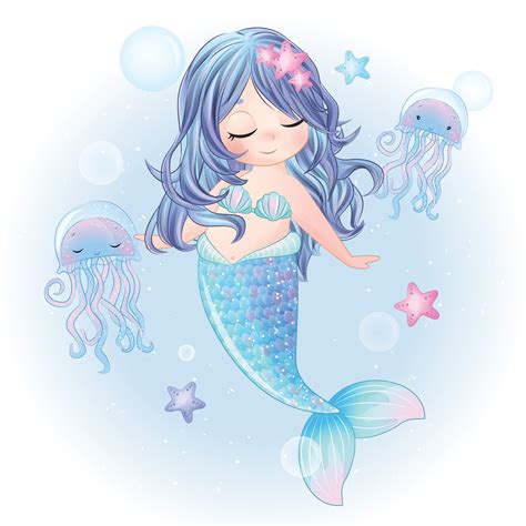 Cute Mermaid With Watercolor Illustration 2075164 Vector Art At Vecteezy